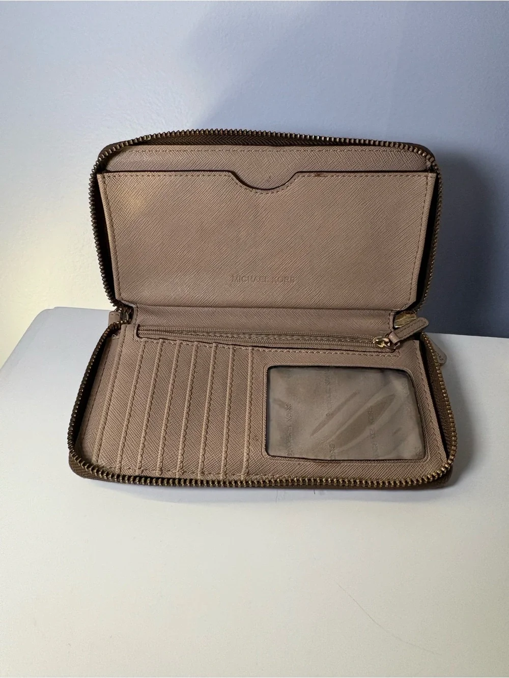 Michael Kors Brown MK Logo Zip Wallet with Gold Hardware